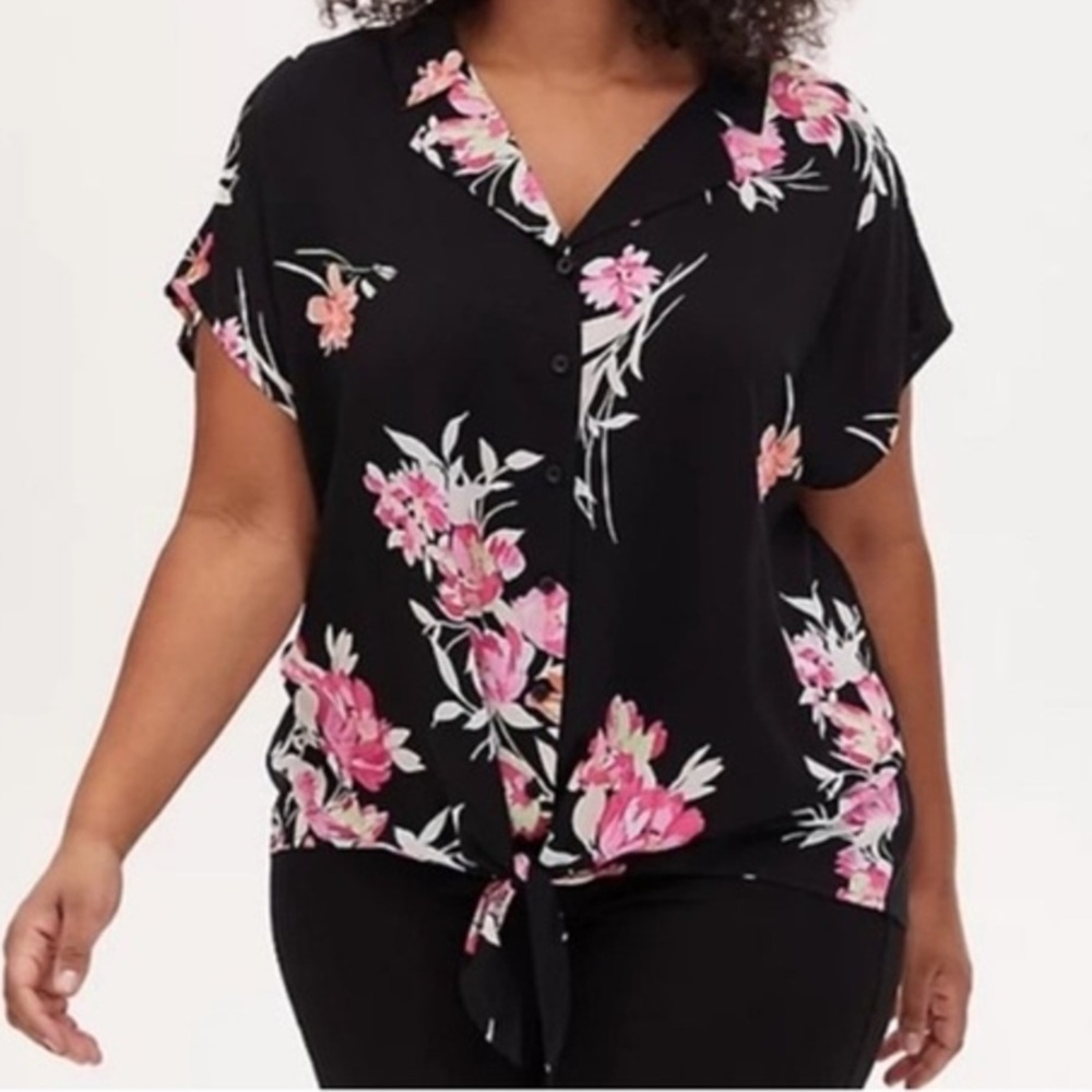 torrid Black Floral Tie-Front Blouse with Pink Flowers
